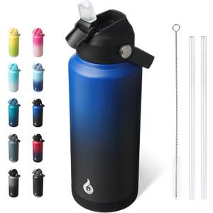 BJPKPK Water Bottle with Straw Lid, 32oz Vacuum Insulated Water Bottles, Metal Stainless Steel Thermo for Sports, Travel, BPA Free Leak Proof Thermo, Cups, Flasks, Tumblers,Black Blue