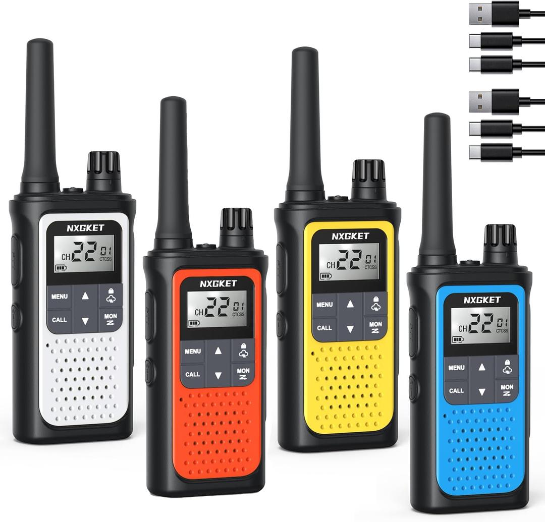 NXGKET Walkie Talkies for Adults Long Rang NOAA Weather Alerts, Rechargeable Walkie Talkies 2 Way Radio 22 FRS Channel with 1800mAh Li-ion Battery Charger USB-C Cable Outdoor Cruises Camping, 4 Pack (Orange & Yellow & White & Blue)