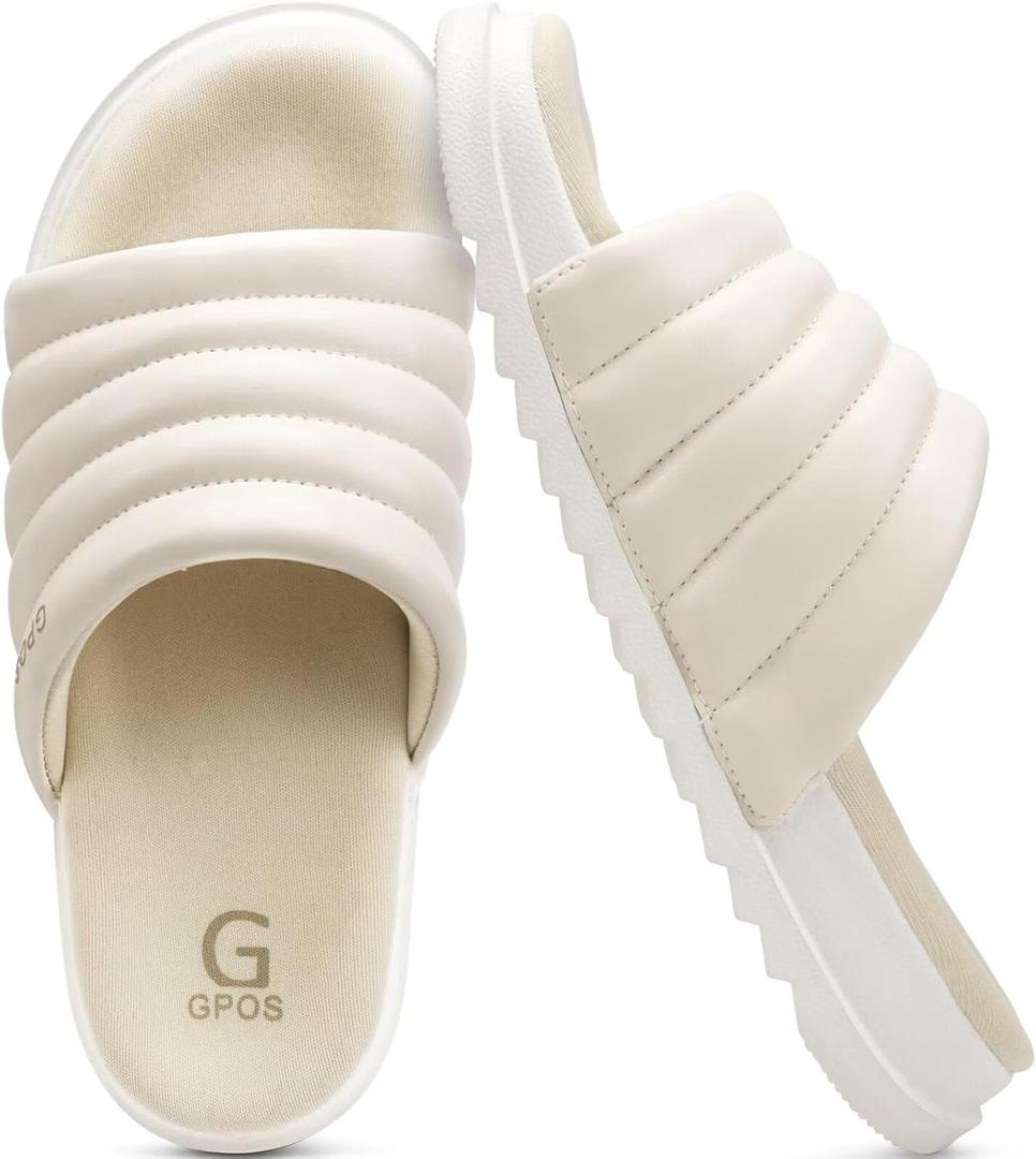 GPOS Womens Slides with Memory Foam Soft Cushioned Cozy House Slippers for Woman Comfy Open Toe Ladies Sandals Leather Slip on Bedroom Shoes Plantar Fasciitis Indoor Outdoor (9, Beige White)