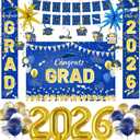 Graduation Decorations Class of 2026 - Blue and Gold Grad Graduation Party Supplies with Dark Blue and Gold White Balloons, Banner, Backdrop, Hanging Swirl Kit, Porch Sign, Foil Balloons 2026
