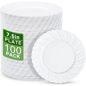 U-QE 100 Count White Plastic Plates for Party - 7 Inch Scalloped Dessert Plates Disposable Heavy Duty - Premium Hard Plastic Appetizer/Cake Plates for Party, Wedding, BBQ, Picnic and Graduation