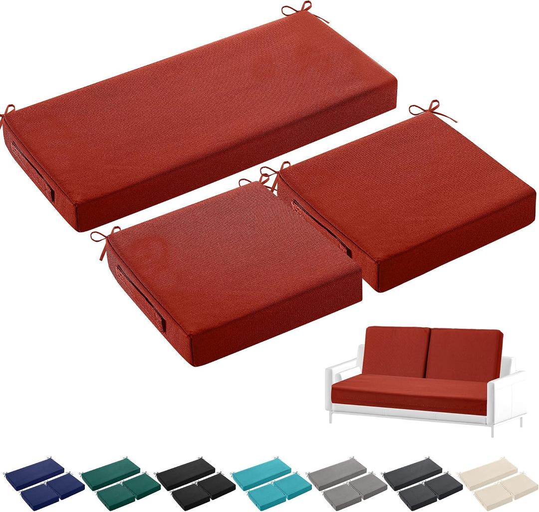 Leinuosen 3 Pcs Outdoor Chair Cushions Set 44 x 19 Inch Loveseat Waterproof Patio Furniture Love Seat Pad Cushions with Ties for Square Settee Indoor Sofa Wicker Couch Bench(Burgund)