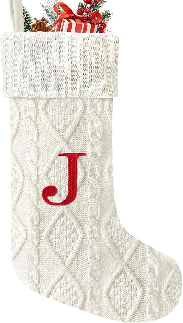 21 Inches Knitted Christmas Stockings with Initials, Large White Custom Monogram Embroidery Christmas Stockings with Letter, Personalized Xmas Decoration for Holiday Family Party-J