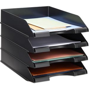 Stockroom Plus 4 Pack Black Stackable Paper Trays for Letter Documents, Desktop File Organizers for Office Supplies, Stackable Desk Tray Holder for Paper Storage (10 x 13.45 x 2.5 in)