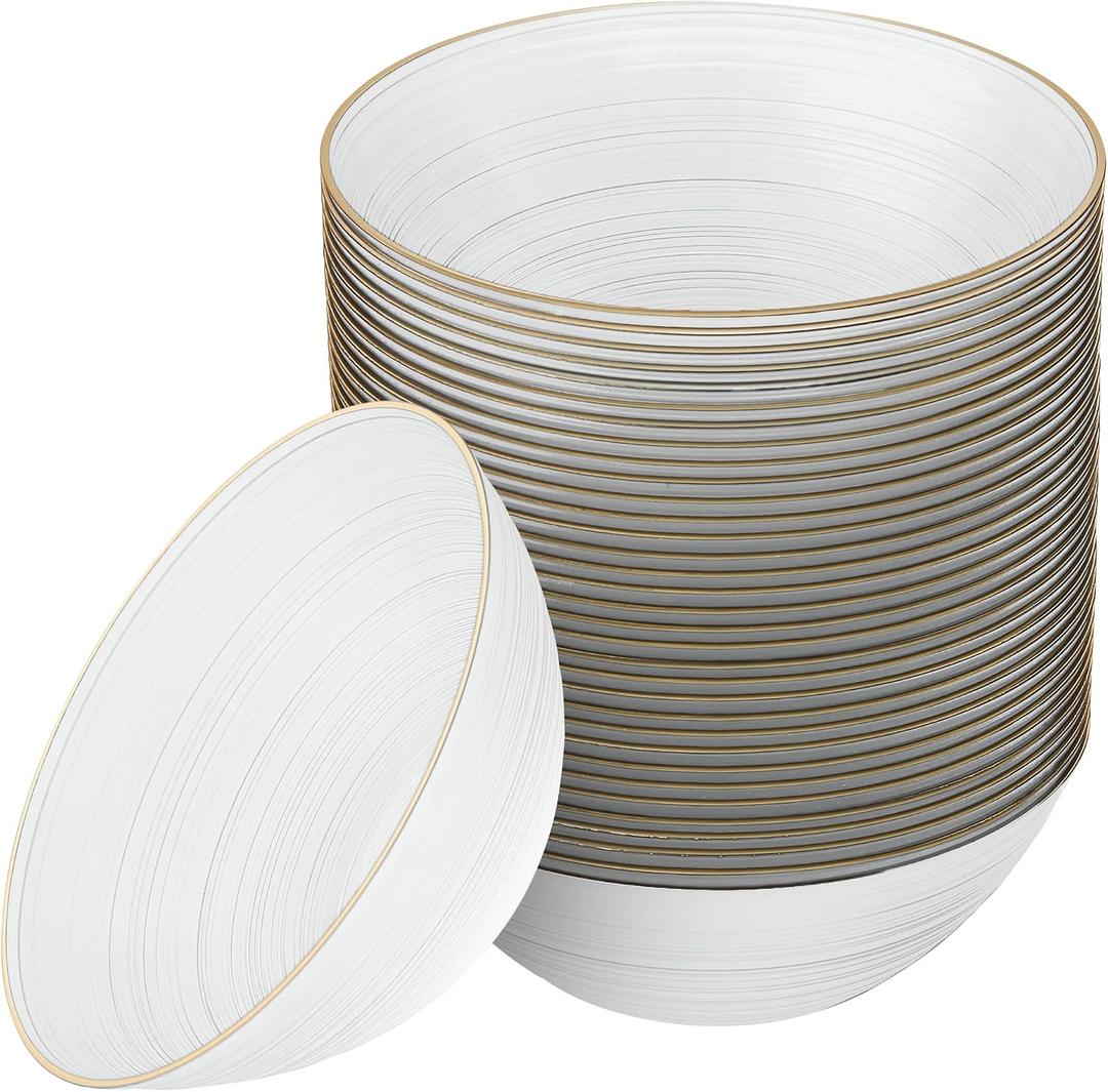 PLASTICPRO 32 Pieces Crystal Design Plastic Bowls 16 ounce Gold Rim Elegant Disposable Plates, Pearl White, Large