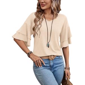 Womens Blouses Ruffle Sleeve Top V Neck Shirts Casual Outfit Bell Sleeve Cute Tee Spring Fall Summer Fashion Clothes (Medium, Apricot)