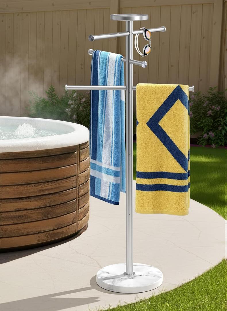 Natural Marble Outdoor Towel Rack with Weighted Base, KES 5-Feet Pool Towel Rack Outdoor for Hot Tub 18/8 Stainless Steel, Adjustable 3 Arms with Storage Tray, Brushed Finish OTR200-2