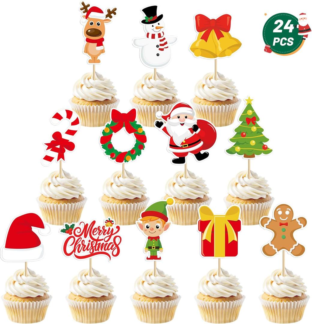 24 Pcs Christmas Cupcake Toppers, Xmas Cake Decorations Toothpicks with Santa Claus Snowman Bells Gingerbread Designs, Christmas Cake Topper Picks for New Year Holiday Party Decorations Supplies