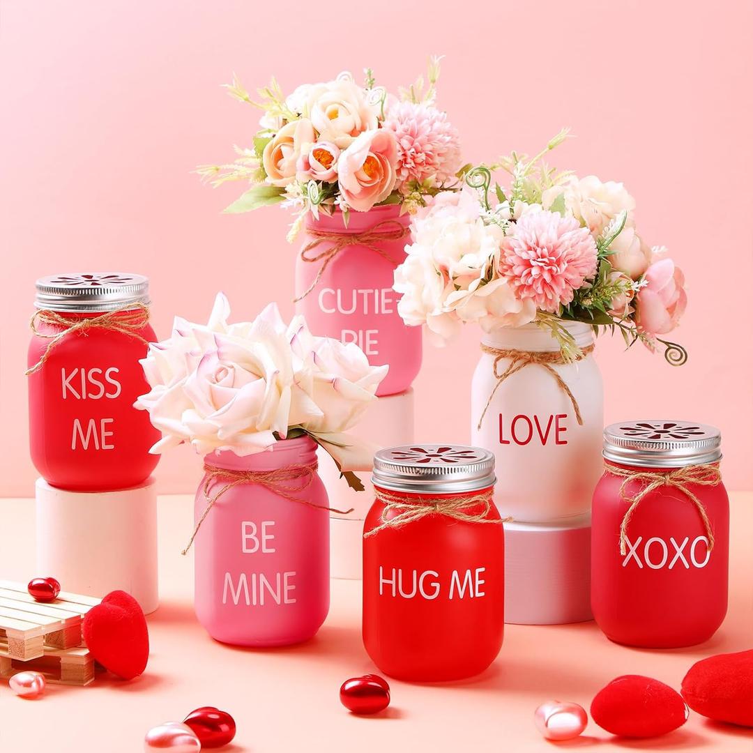 Tioncy 6 Pcs Valentines Day Mason Jar Centerpiece for Table Mason Jars Set Farmhouse Decoration Conservation Heart Painted Decorative Jars for Valentines Day Home Decoration Kitchen Table Centerpiece