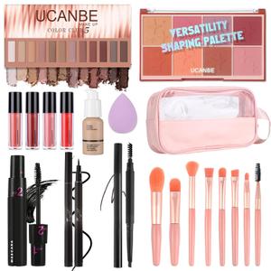 Brand Full Makeup Kit - 12 Eyeshadows, 8 Blushes, 3 Lipsticks, Mascara, Eyeliner, Brow Pencil, Foundation, Sponge, Makeup Bag & Brushes