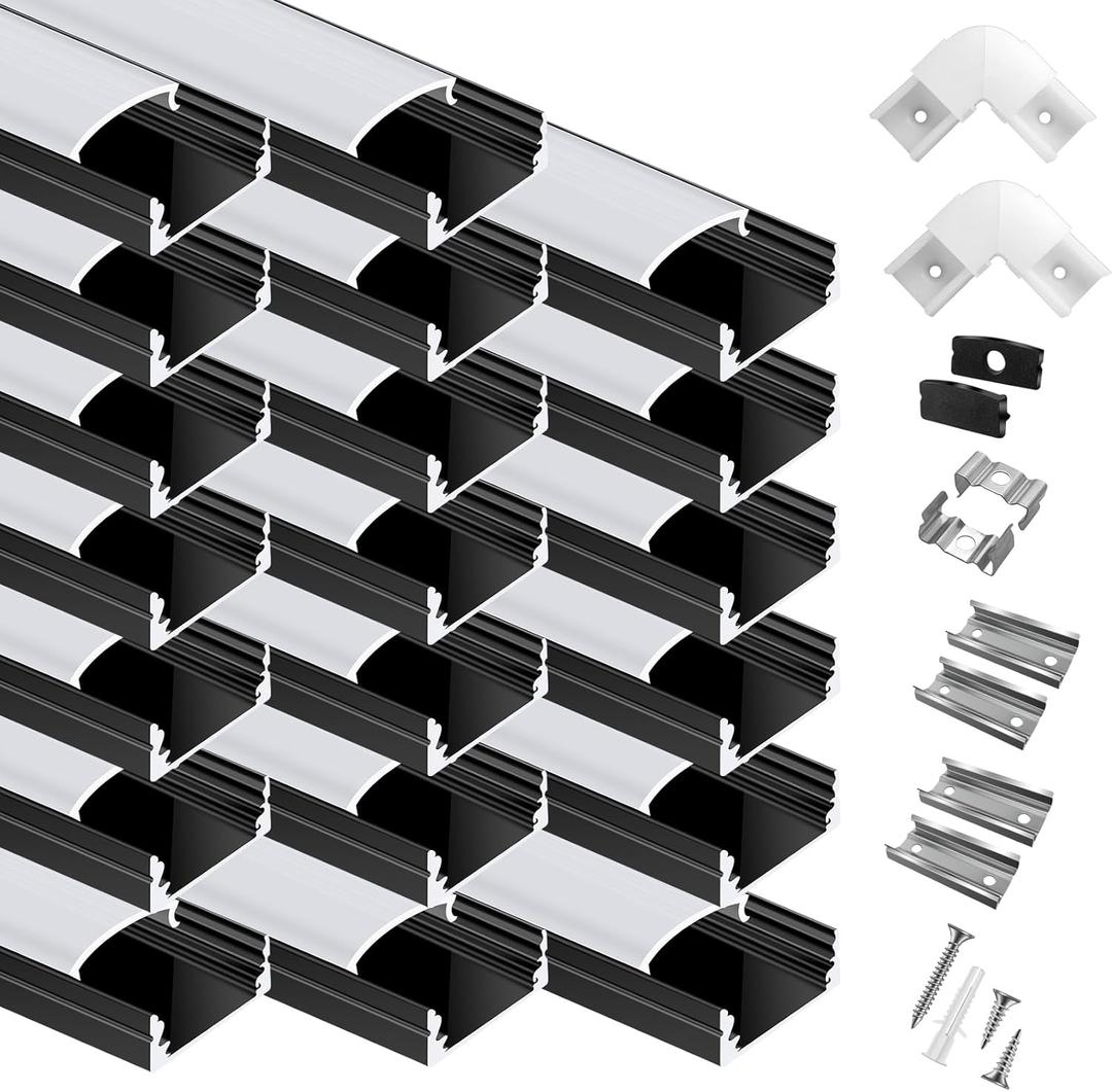 20-Pack 3.3ft/1Meter U Shape Black LED Aluminum Channel System with Milky Cover, End Caps and Mounting Clips, Aluminum Channel Profile for LED Strip Light Diffuser Installations (20pack*3.3ft)