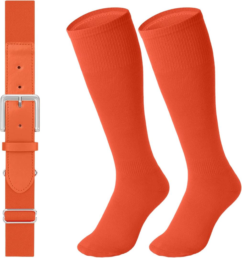 LEACOOLKEY Baseball Belt and Socks Combo Set Adjustable Softball Socks and Elastic Belt for Youth and Adult (Orange, M)