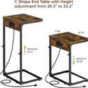 C Shaped End Table with Charging Station, Adjustable Height Side Table for Couch, Small Side Table, 33.2'' Tall Couch Tables that Slide Under, Tv Tray End Table for Living Room, Rustic Brown, 15.92''L x 11.86''W x 20.35-33.2"H