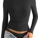 EasyGala Women's Double Lined Long Sleeve Shirts Crewneck Ruched Top Tight Fitted Basic Tee Fall Going Out Outfits 2026 (Medium, Black)