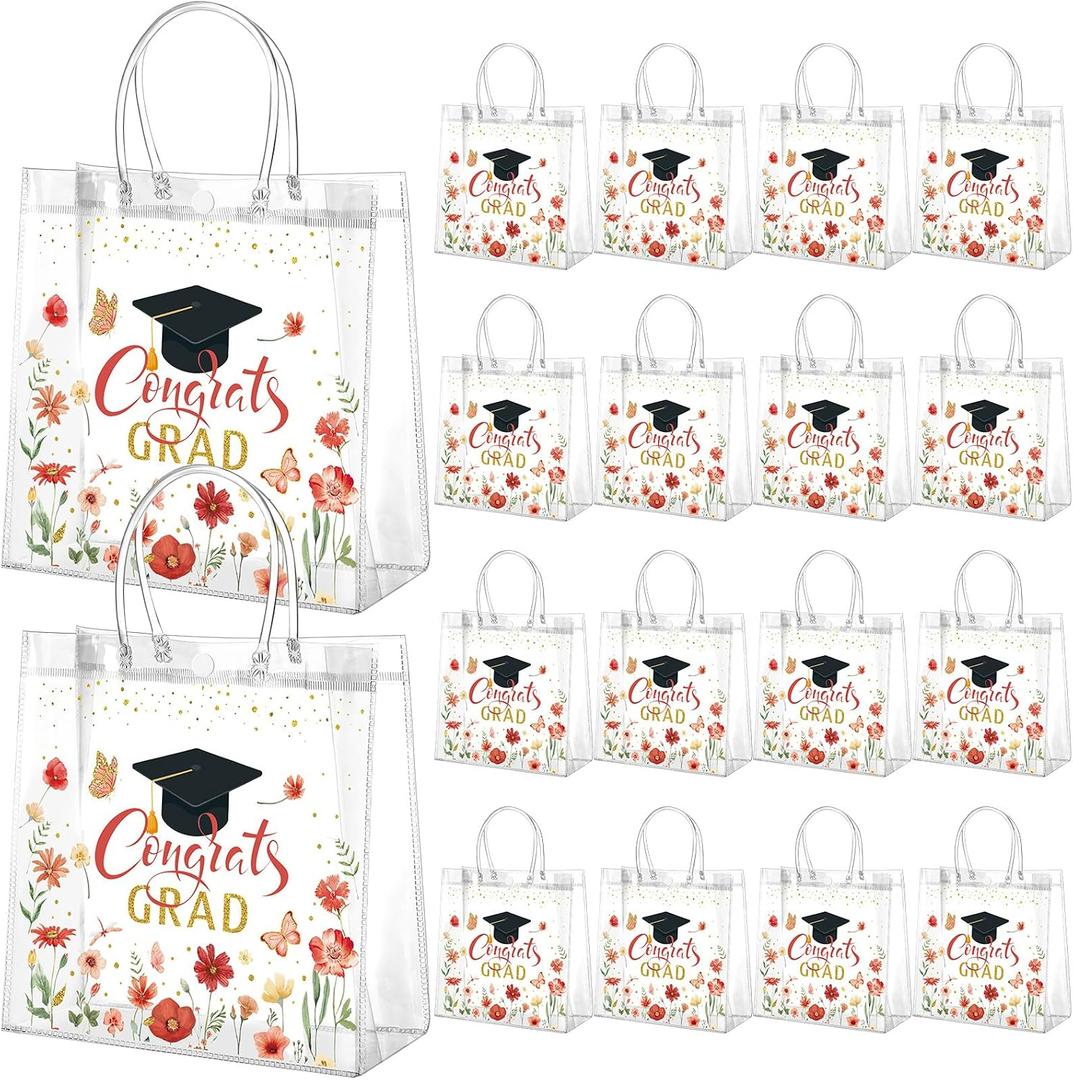 Resholder 24 Pcs Graduation Gift Bags Bulk 2026 Congrats Grad Clear Red Floral Reusable PVC Bags with Handles for High School, College, Graduation Party Favors, 8x8x3.15 Inch