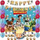 42 Pcs Toy Birthday Party Supplies Pack Includes Banner Cake Topper Blackdrop Balloons for Toy Party Supplies