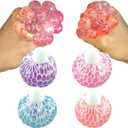 Fidget Toys for Kids Pack of 4, Glitter Mesh Grape Squishy Stress Balls for Adults - Sparkly Jelly Stress Balls, Sensory Squeeze Toys for Stress Relief/Hand Exercise(Purple/Blue/Pink/Coral)