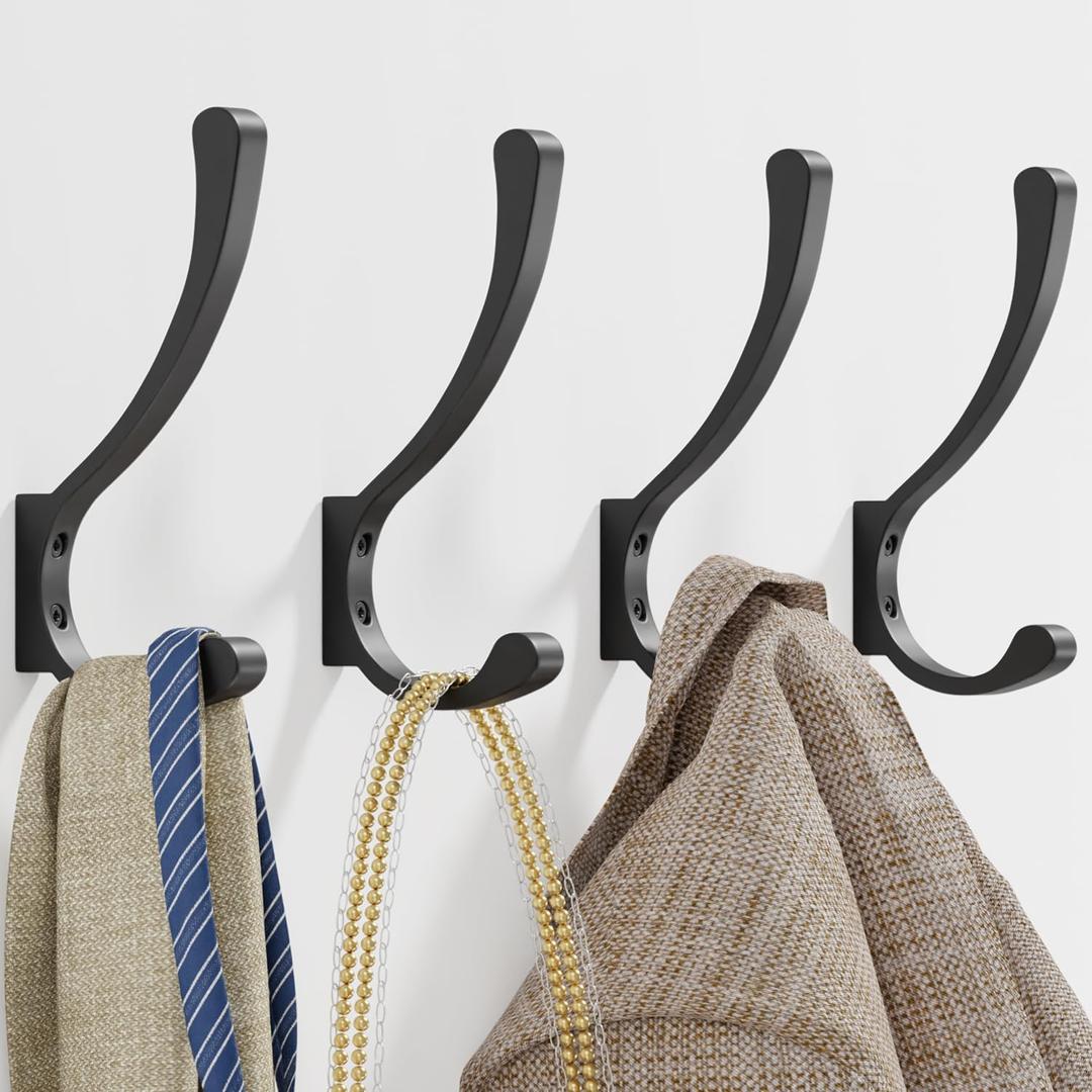 saffruff Wall Mount Coat Hooks, Heavy Duty Metal Hooks for Hanging Clothes, Backpack, Bag,Towel & Jacket, Strong 30 lbs Hold Closet Hanger, Black 4 Pack