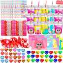 LUKBERA Valentine's Day Gifts for Kids - 24 Pack Valentines Classroom Stationery Set with Cards, Cups, Pencils, Erasers, Stampers & Stickers, Classroom Exchange Prize Boy Girls Party Favors