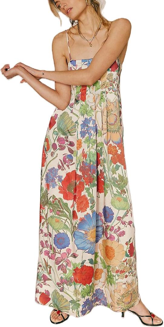 Women Floral Maxi Free Dress People Dupes Sexy Sleeveless Backless A-Line Long Flowy Dress FP Dup ES Back Cut Out Spaghetti Strap Flower Summer Beach Sundress Spring Wedding Guest Dress, Medium