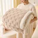 Sherpa Throw Blanket for Couch, Flannel Cozy Soft Thick Blanket for Bed - Fleece, Beige, 60x80 Inches