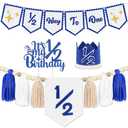 1/2 Birthday Blue Half Birthday Decorations - Blue Star It's My 1/2 Birth Banner, Glitter Cake Topper Tassel Wood Bead High Chair Banner & Crown, Hat Halfway to One Boy Girl Party Supplies