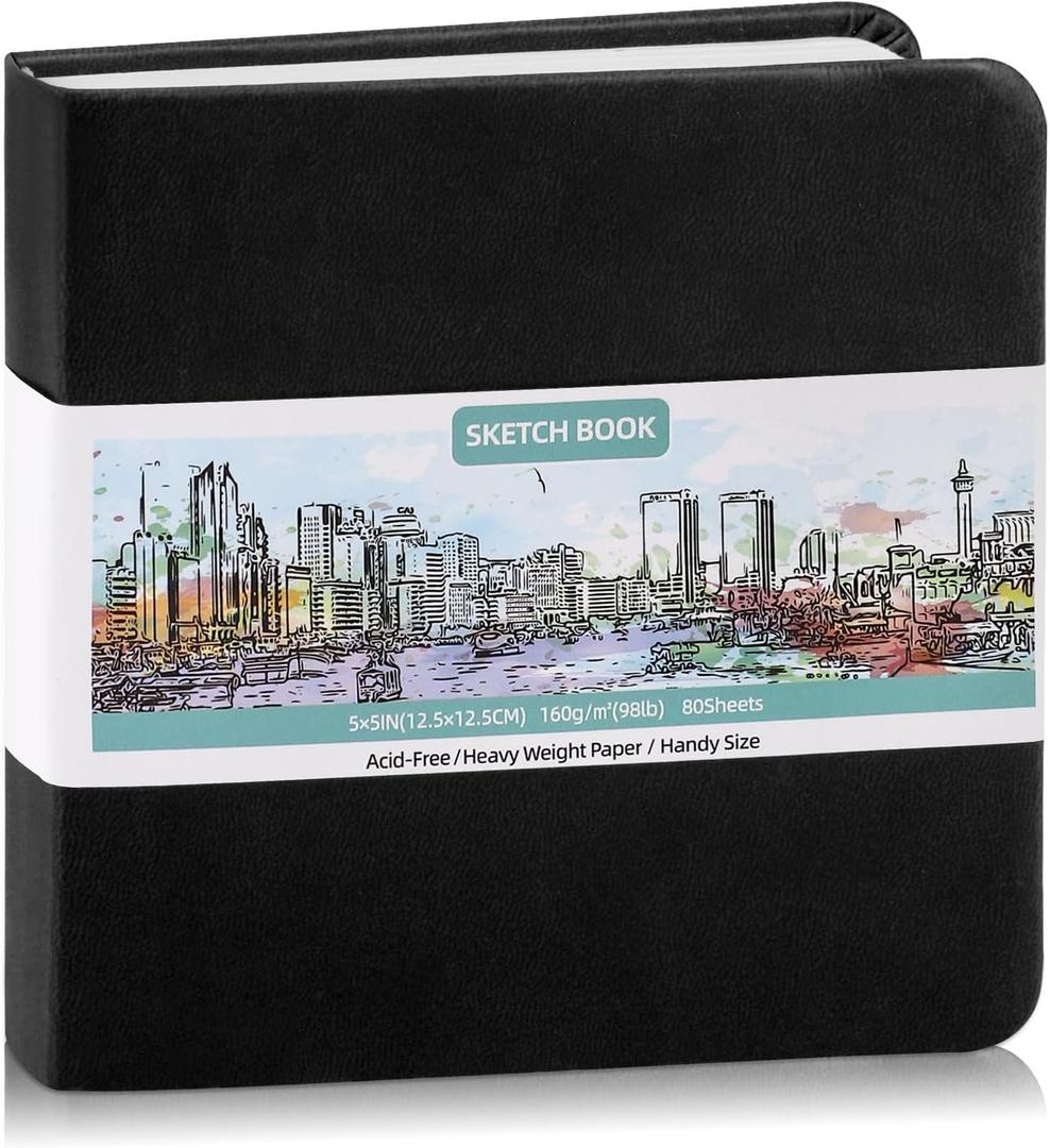 Prudiut Hardcover Pocket Sketchbook, 5" x 5" Square Mini Sketchbook, 98lb/160gsm Heavyweight Tiny Sketch Book, 80 Sheets Small Travel Drawing Journal for Adults, Artist, Ideal for Gift (Black)
