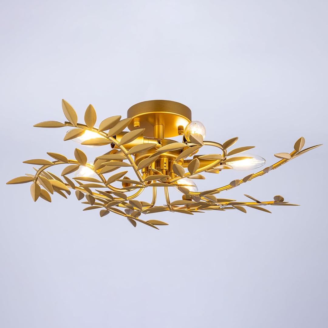 TOCHIC Semi Flush Mount Ceiling Light, 5-Light Modern Gold Leaf Chandelier, 23.2" D Farmhouse Close to Ceiling Light Fixture Entryway Flush Mount for Bedroom Dining Room Living Room Kitchen Foyer