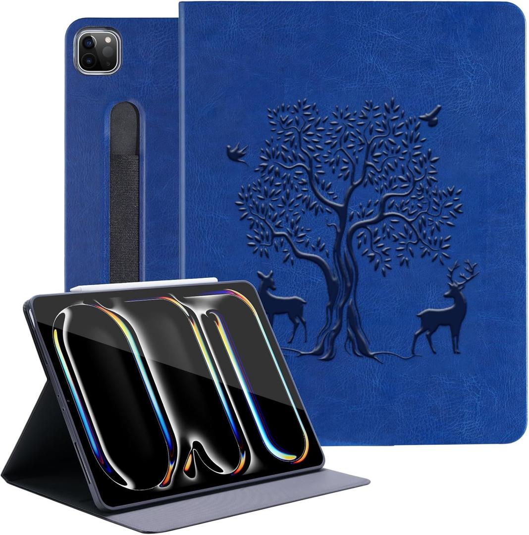 HFcoupe for M4 iPad Pro 13 inch Case 2024, Book Style iPad Pro 7th Generation Cover with Elastic Pencil Holder, Magnetic Closure, Auto Wake/Sleep Embossed Protective Folio for iPad pro 13", Navy