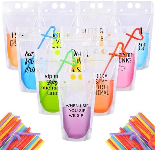 Honeydak 30 Sets Drink Pouches with Straws Colorful Adult Drink Bags Zipper Party Beverage Funny Novelty Juice Party Pouches Translucent Stand-up Plastic Bags for Adultsowl Garden Decor (Transparent)