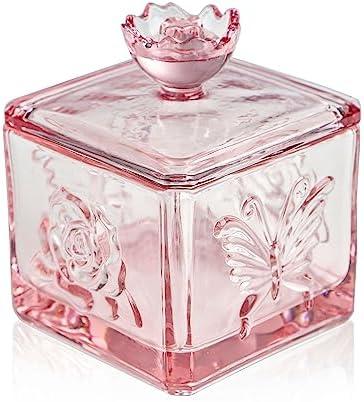WHJY Cute Glass Vintage Candy Jar with Lid, Iridescent Colored Glass Candy Jar for Office Desk, Pink Candy Dishes for Candy Buffet, Cookie Jar 4.5” Tall