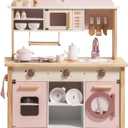 ROBUD Play Kitchen for Kids Toddlers, Wooden Play Kitchen with Realistic Accessories, Toy Kitchen Set with Plenty of Play Features, Modern Style Toy Kitchen for Girls & Boys, Gift for Ages 3+, Pink