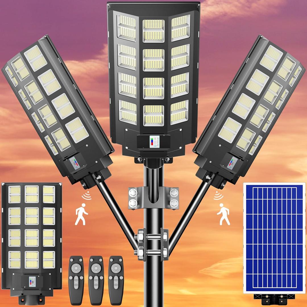3-Pack Solar Parking Lot Light - 8000W Solar Street Light 360000LM Dusk to Dawn Street Lights Solar Powered, IP67 Waterproof Solar Wide Angle Lamp with Motion Sensor for Yard, Road
