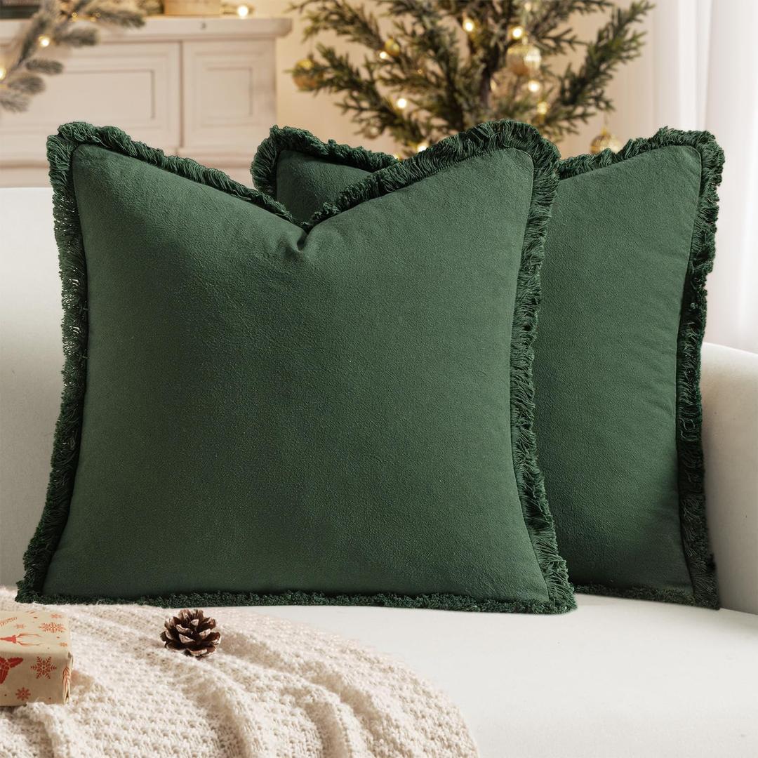 MIULEE Throw Pillow Covers Boho Farmhouse 26x26 Christmas Set of 2 Decorative Dark Green Eruo Sham Couch with Fringe Chic Cotton Pillowcases Home Decor Accents for Cushion Soft Bed Living Room