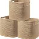 UBBCARE Set of 3 Cotton Rope Basket 11 X 10.5 X 10.5 Inches, Woven Storage Baskets for Shelves, Organizing with Handles, Cube Storage Bins for Storage Books, Magazines, Jute