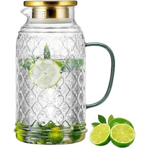 Buaic Glass Pitcher with Lid, 1 PACK 68 oz/2 Liter Vintage Water Pitcher, Clear Borosilicate Glass Water Carafe for Cold Brew, Coffee, Lemonade, Iced Sun Tea,Beverage, Milk, Heat Resistant