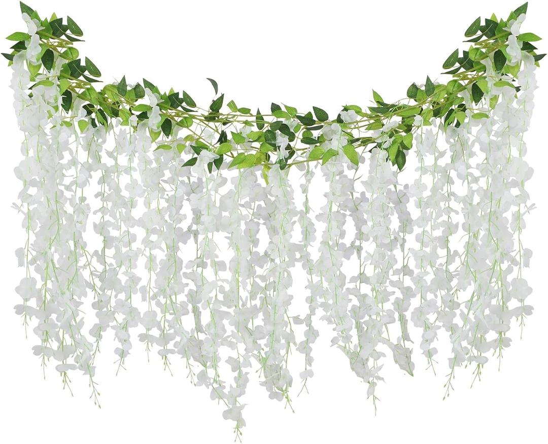 ARTKAIKE Artificial Flowers Garland for Home Decor, Fake Wisteria Vine Silk Hanging Plant Flower for Room Bathroom Wall Kitchen Bedroom Garden Outdoor Wedding Decor (4, White)