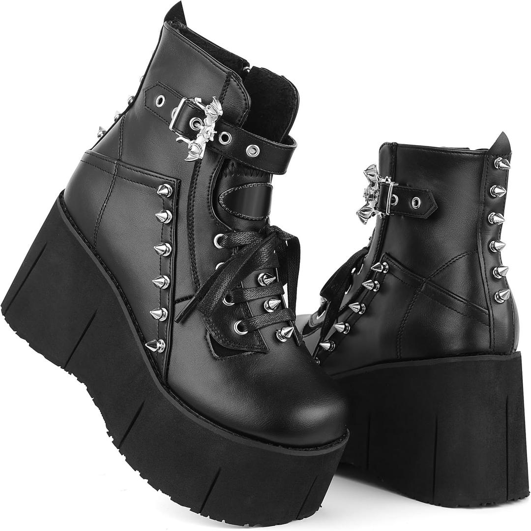 Black Platform Ankle Boots for Women Goth Rave Shoes Punk Rivet Lace Up Zipper Round Toe Wedge Chunky High Heels Buckle Booties (6.5)