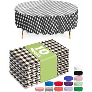 Pureegg Plastic Table Cloth Disposable 10 Pack, 84'' Round Table Cloths, Party, Picnic, Decorative Gingham Tablecloths, Round, Black and White Checkered Cover, Leakproof & Sturdy, Black Plaid