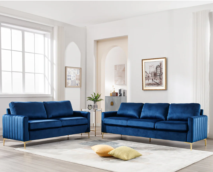 FFH 2 Pieces Velvet Living Room Sets, Modern 2 Seater Loveseat Sofa and 3 Seater Sofa Couch, Navy Blue