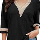 Vidifid Women 3/4 Sleeve Tunic Tops Casual Lace Trim V Neck Eyelet Dressy Ladies Blouses Summer Spring T Shirts(Black,XL)