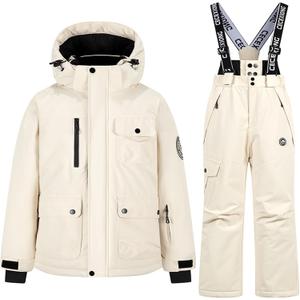 YRAETENM Kids Snowsuit Boys Girls 2 Piece Insulated Waterproof Winter Snowsuits with Hooded Jacket and Ski Bib Overalls (7-8 Years, 01 Beige)