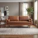 70" Mid-Century Modern Sofa Couch  Faux Leather Loveseat Sofa with Deep Seat & Solid Wood Frame  Includes 2 Accent Pillows  Brown Living Room Bedroom Office | Faux Leather, Easy to Clean, High Back Support, Abrasion-resistant