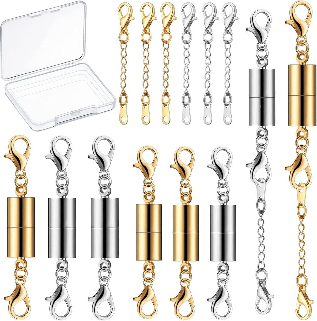 8 Pieces Magnetic Jewelry Clasps for Necklace Closures Screw Locking Necklace Clasp Magnetic Lobster Connector Jewelry Clasps Closures with 43 mm Chains for DIY Crafts(Gold, Silver)