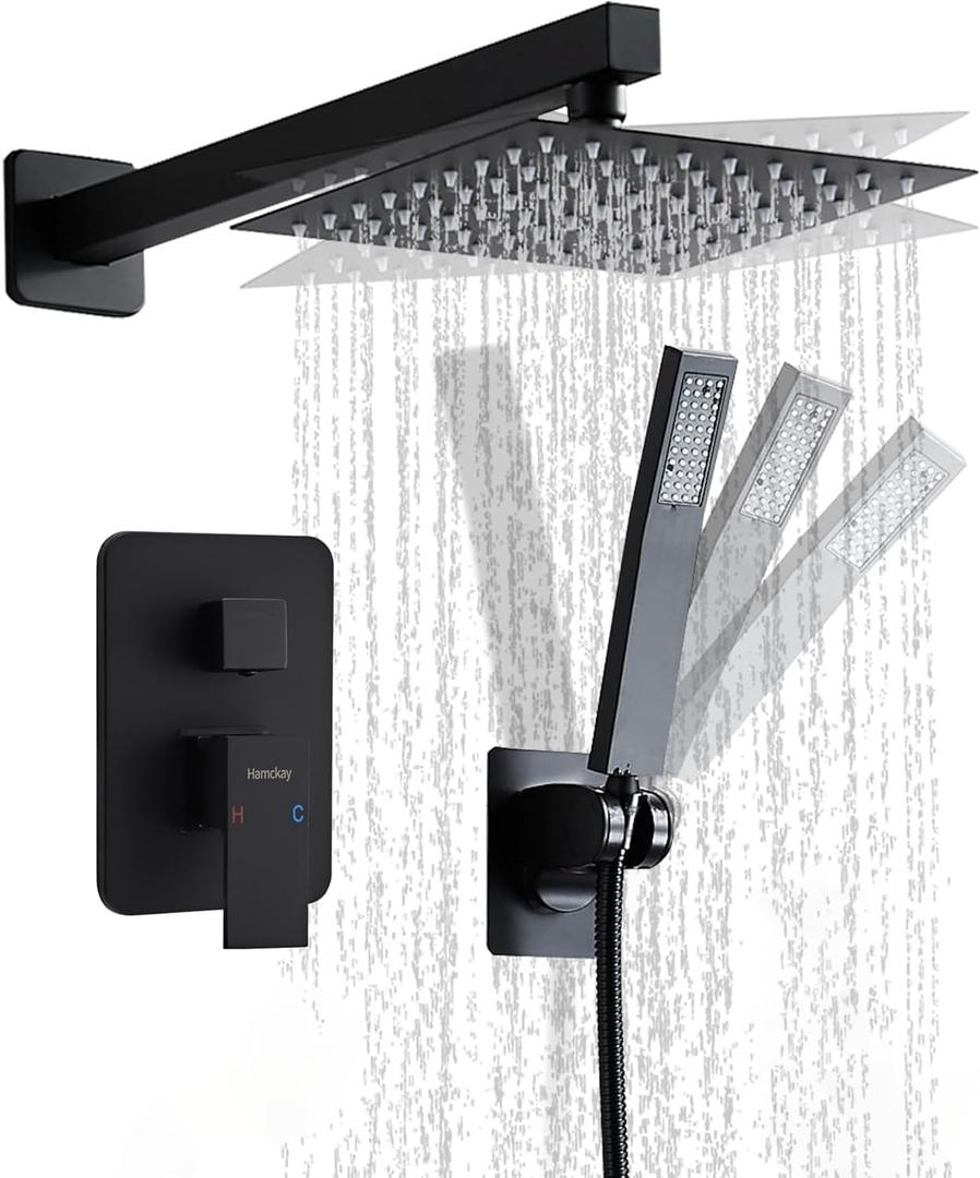 8 Inch Matte Black Shower Faucet Set with Rain Shower Head and Handheld Spray, Wall Mounted Rainfall Shower Head with Handheld Combo, Bathroom luxury Shower System with Valve and Trim