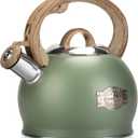 Tea Kettle Stovetop, 2.1 Quart Stove Top Whistling Tea Kettle, Teapot Kettles with Food Grade Stainless Steel and Wood Pattern Folding Handle, Suitable for All Heat Sources (Green)