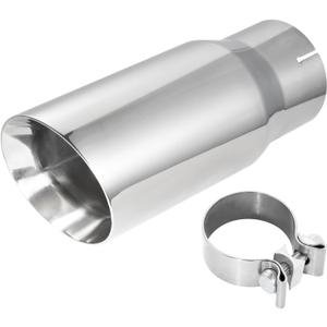 304 Stainless Steel Car Exhaust Tip, 4" Inlet, 5" Outlet, 12" Overall Length, Polished Dual-Layer Slant Cut Design, Clamp-On for 4-Inch Outside Diameter Tailpipe
