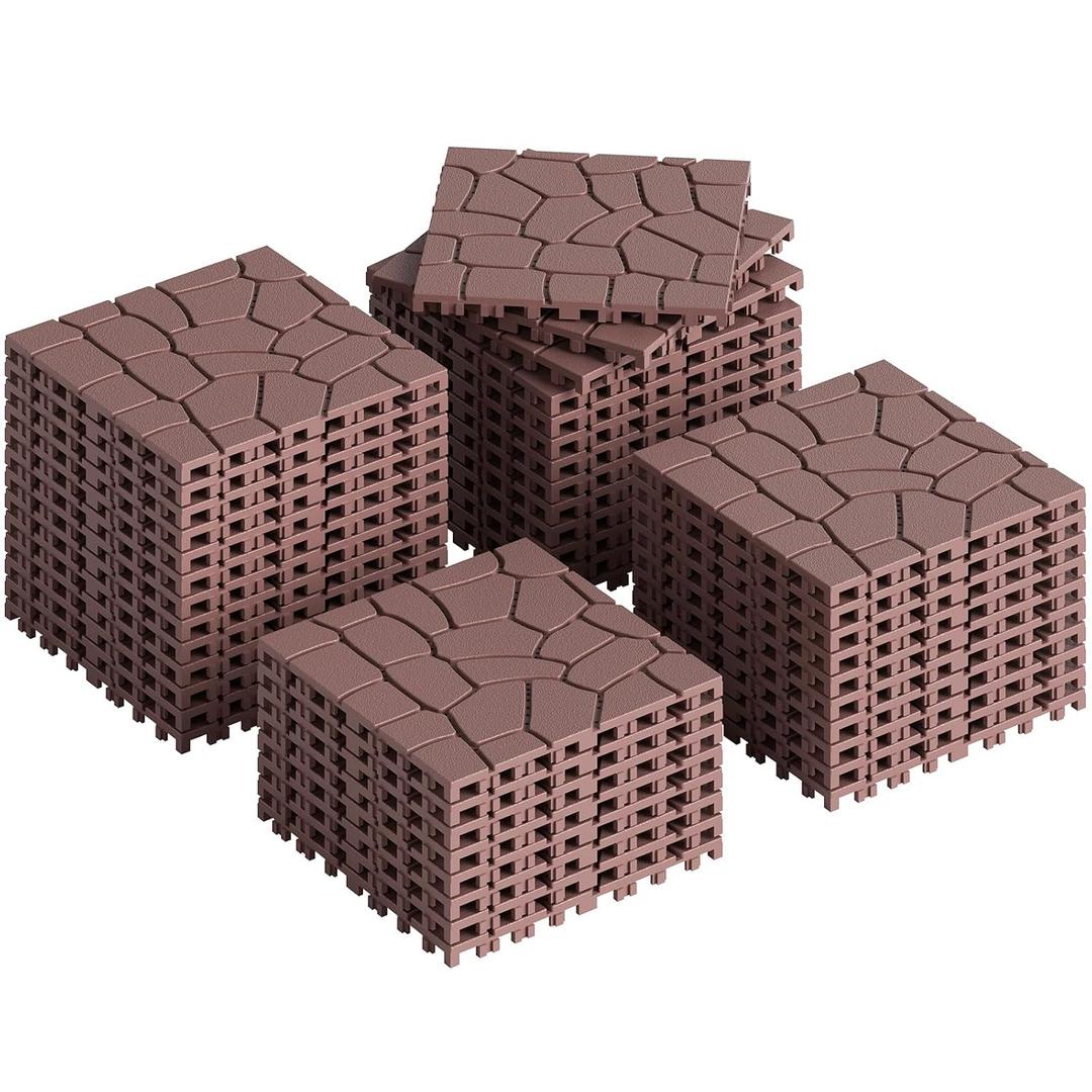 Rovibek 44 PCS Interlocking Deck Tiles, 12" X 12" Plastic Deck Tiles Outdoor Waterproof, All Weather Patio Tiles for Balcony Backyard Poolside Porch, Pavers for Outside Walkway, Stone Brown