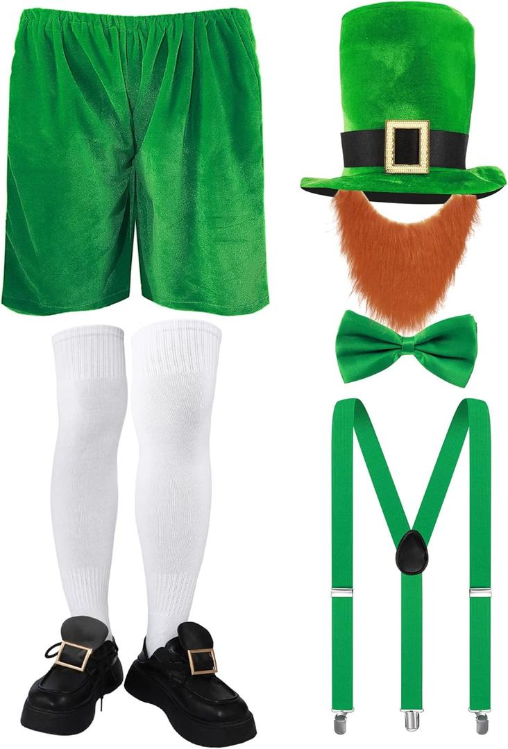 Patelai 7 Pcs St Patrick's Day Costume Leprechaun Hat Beard Suspender Bow Tie Shorts Socks Gold Shoe Buckles Outfit (Large)