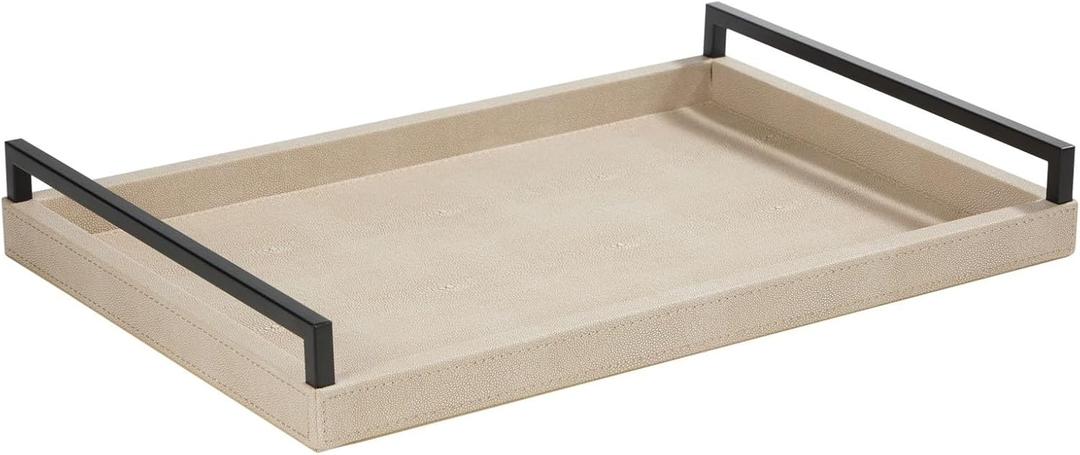 Sagala Ivory Shagreen Leather Serving Tray with Black Handles for Ottoman, Elegant Decorative Tray for Coffee Table Console Table Buffet Living Room (Ivory)